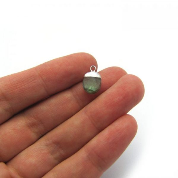 labradorite sweet pea stone charm sterling silver to scale in hand