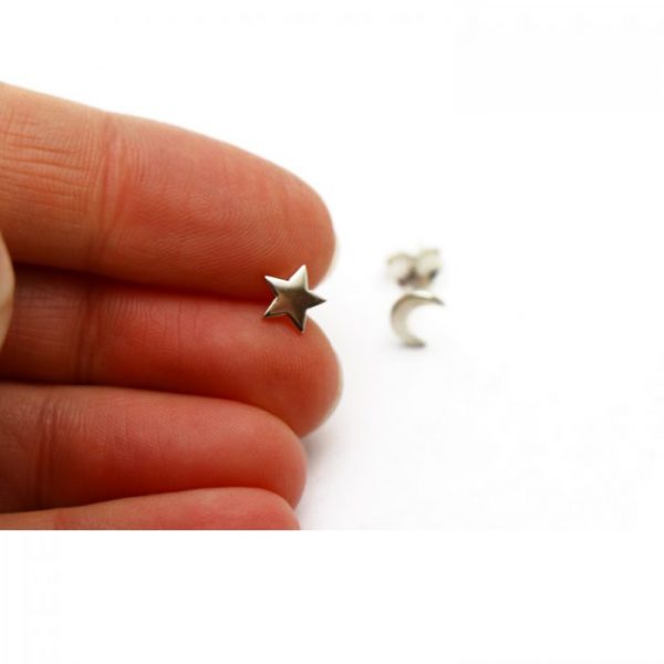 Sterling Silver Earring studs - Moon _ star - showing scale . Moon Size: 7mm x 5mm Star Size: 6mm x 6mm